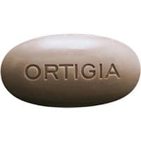 Oval-shaped brown soap with "ORTIGIA" embossed, 40g size, for cleansing hands.