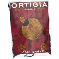 Ortigia Melograno Bath Salts Sachet, red packaging with gold pomegranate design, 75g.