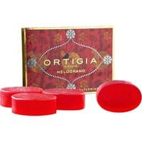 Ortigia Melograno soap kit with four red oval glycerine soaps and ornate red and gold packaging.