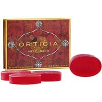 Ortigia Melograno soap kit with four red oval glycerine soaps and decorative box.