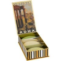 Ortigia Roma Soap Box Multipack with striped box, open lid showing three oval soaps in green and beige.