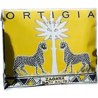 Yellow Ortigia Zagara bath salts sachet with black and white palm tree and leopard design.