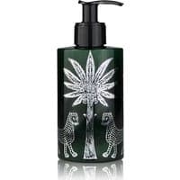 Black pump bottle with silver palm tree and leopard design, Ortigia Zagara Body Cream 300 ml.
