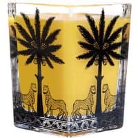 Square glass candle with yellow wax, black palm tree and leopard design, Ortigia Zagara Citrus Candle, 170g.