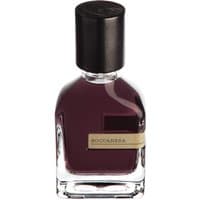 Clear glass bottle of Orto Parisi Boccanera unisex spicy perfume, dark liquid, black cap, beige label.