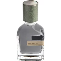 Clear glass bottle of Orto Parisi Megamare perfume, 50 ml, with a metallic cap and beige label.