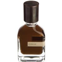 Clear glass bottle of Orto Parisi Stercus unisex woody perfume with dark brown cap and label.