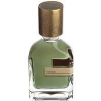 Clear glass bottle of Orto Parisi Viride perfume with green liquid and a bronze cap, labeled "Viride" on a beige tag.