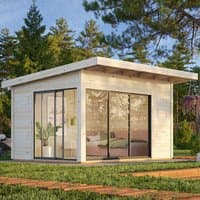 Contemporary log cabin with sliding glass doors, flat roof, and light wood finish, set in a grassy outdoor area.