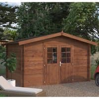 Wooden Palmako Valentine log cabin shed with double doors, window panels, and pitched roof, set in a garden area.
