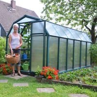 Palram Canopia Rion EcoGrow 6x12 greenhouse, green resin frame, clear panels, gable roof, next to garden.