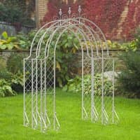 White Panacea lattice metal garden arch tunnel with decorative scrollwork and diamond pattern, 8'3 x 5'9.