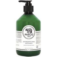 Green Parco 1923 exfoliating hand wash bottle with black pump and white label featuring a bear logo.