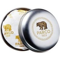 Silver tin with Parco 1923 logo, containing wrapped cleansing body soap with gold bear design.