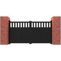 Black metal driveway double gates with vertical slats and partial privacy design, flanked by red brick pillars.