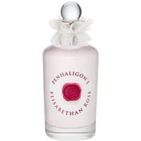 Pink Penhaligon's Elisabethan Rose perfume bottle with a silver cap and white ribbon collar.