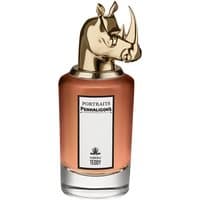 Amber bottle of Terrible Teddy Eau de Parfum with gold rhino head cap, white label, and clear base.