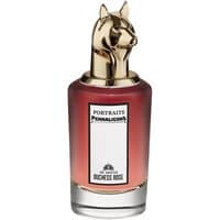 Penhaligon's The Coveted Duchess perfume, 75 ml, with a gold horse head cap and gradient red glass bottle.