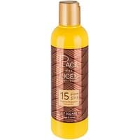 Yellow bottle of Place des Lices SPF 15 body milk with gold cap and brown label design.