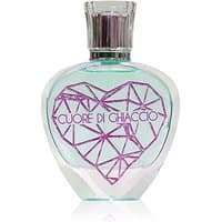 Heart-shaped glass bottle of Cuore di Ghiaccio unisex perfume with purple geometric heart design.