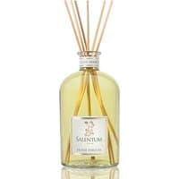 Clear glass bottle with yellow liquid, labeled "Salentum," featuring wooden diffuser sticks.
