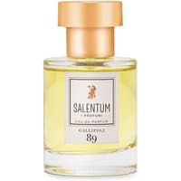 Clear glass bottle of Salentum Gallipoli Eau de Parfum with gold cap and label, containing yellow floral perfume.