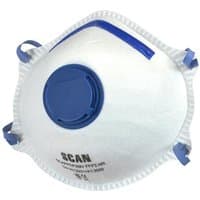 White Scan DTC3M-F-10 disposable mask with blue valve, FFP2 protection, and adjustable blue straps.