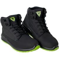 Black Scan JC-P925 Viper safety boots, UK 9, with green soles, padded collar, and metal eyelets.