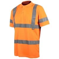Orange hi-vis polo shirt with grey reflective stripes, short sleeves, and a collar, size M (40In).