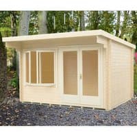 Shire Belgravia log cabin, 3.6m x 2.4m, light wood, flat roof, large windows, double doors, set in a garden.