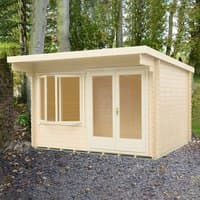 Shire Belgravia log cabin, 3.6m x 3.6m, natural wood finish, large windows, double doors, sloped roof.