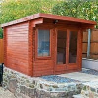 Shire Belgravia 3m x 3m log cabin with 28mm timber, flat roof, double glass doors, and a natural wood finish.