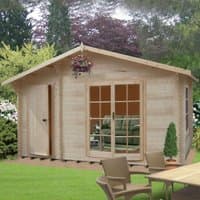 Wooden log cabin summerhouse with large front windows, single door, and pitched roof, set in a garden.