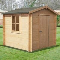 Shire Danbury log cabin shed, natural wood finish, single door, window, pitched roof, 2.8m x 2.7m dimensions.