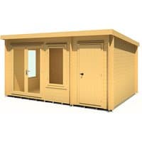 Shire Elm log cabin with side shed, 19mm wood, flat roof, two windows, and two doors, natural wood finish.