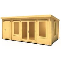 Shire Elm log cabin with side shed, natural wood finish, large windows, double glass doors, flat roof design.