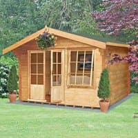 Shire Hale log cabin summerhouse, 3.6m x 3m, wooden structure, double doors, large windows, pitched roof, garden setting.