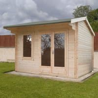 Shire Marlborough log cabin summerhouse, 3m x 3m, natural wood finish, double doors, large windows, green roof.
