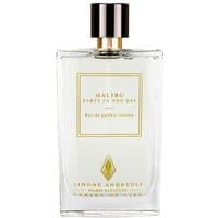 Clear glass bottle of Simone Andreoli Malibu Eau de Parfum, gold label, black and silver cap, 100 ml unisex sweet fragrance.