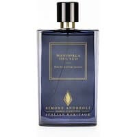 Blue rectangular bottle of Simone Andreoli Mandorla del Sud Eau de Parfum with black cap and gold accents.