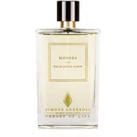 Clear glass bottle of Simone Andreoli Moorea Eau de Parfum, gold label, black cap, unisex floral fragrance, 100 ml.