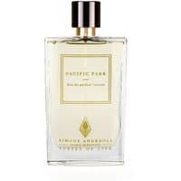 Clear glass bottle of Simone Andreoli Pacific Park Eau de Parfum, gold cap, unisex floral fragrance, 100 ml.