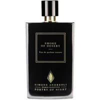 Black rectangular perfume bottle with gold cap, labeled "Smoke of Desert" by Simone Andreoli, 100 ml unisex fragrance.