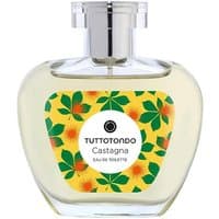 Clear glass bottle of Tuttotondo Castagna Eau de Toilette with colorful leaf design label, silver cap.