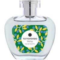 Clear glass bottle of Tuttotondo Mirto Eau de Toilette, 100 ml, with colorful leaf design on label.