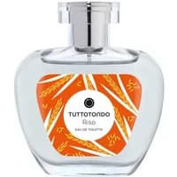 Clear glass bottle of Tuttotondo Riso Eau de Toilette, orange label with rice stalk design, silver cap, 100 ml.