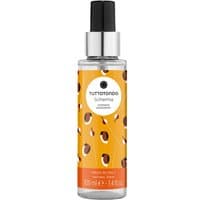Clear bottle of Tuttotondo Scherma deodorant spray with orange label and black cap, featuring abstract design.