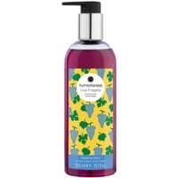 Purple Tuttotondo Uva Fragola liquid soap in a clear bottle with pump, yellow label with grape illustrations.