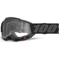 Black Accuri 2 Junior goggles with clear lens, wide black strap featuring bold "100%" logo.