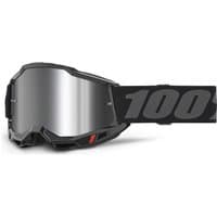 Black 100% Accuri 2 Junior Goggles with mirror silver lens and bold black strap featuring large "100" text.